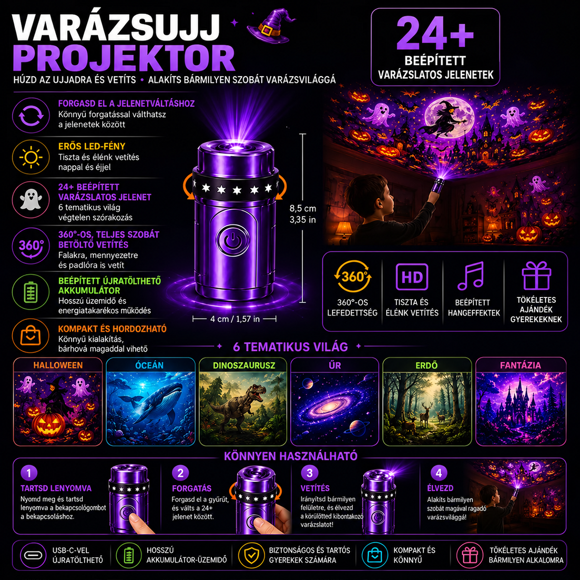 Billhol® 🎃 2026 Varázslatos Ujjra Húzható Vetítőfény – Limitált Halloween Kiadás 👻 24+ magával ragadó jelenet 6 tematikus világban