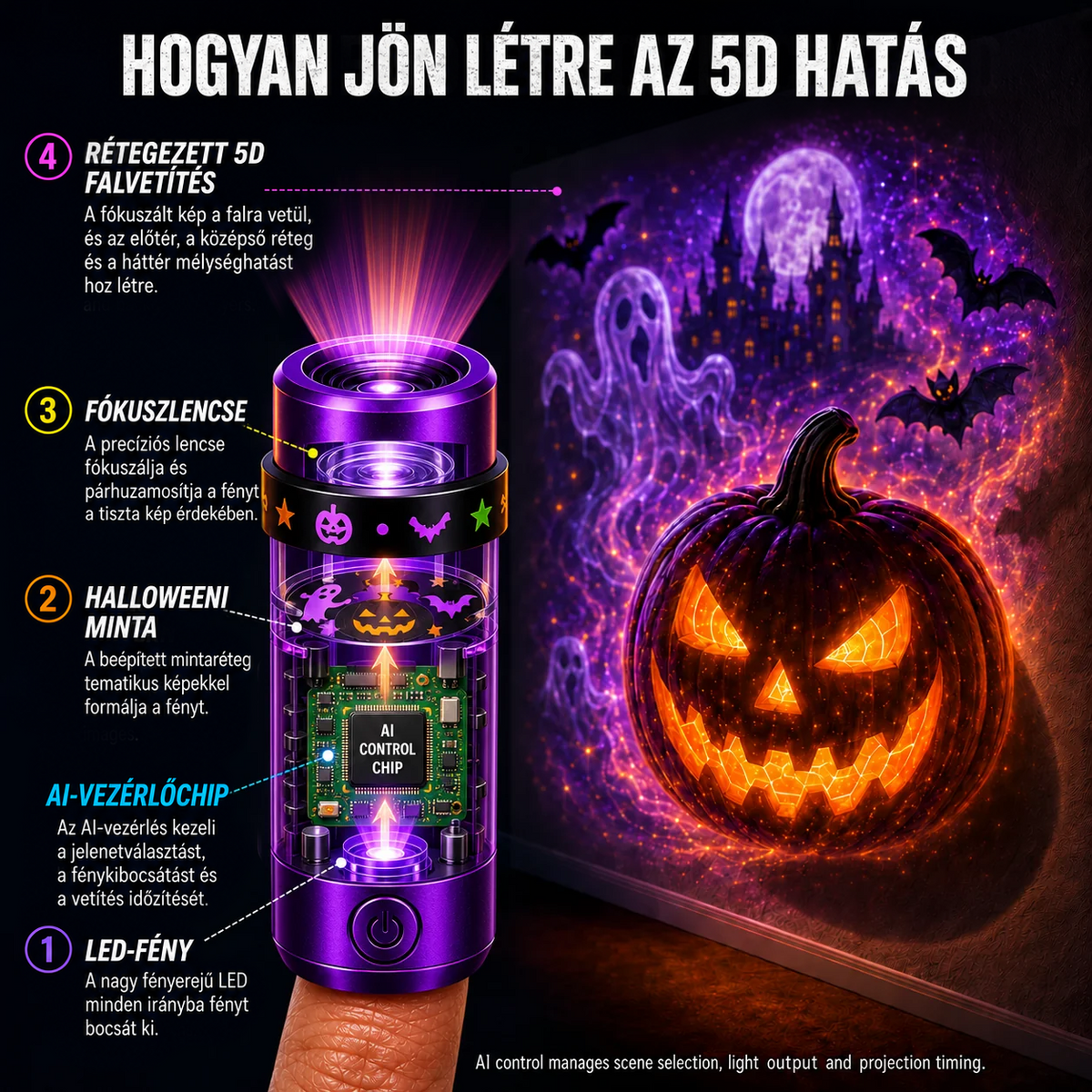 Billhol® 🎃 2026 Varázslatos Ujjra Húzható Vetítőfény – Limitált Halloween Kiadás 👻 24+ magával ragadó jelenet 6 tematikus világban