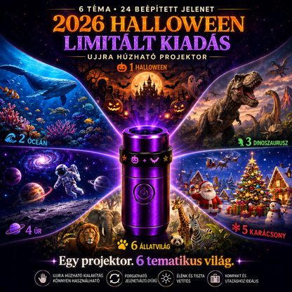 Billhol® 🎃 2026 Varázslatos Ujjra Húzható Vetítőfény – Limitált Halloween Kiadás 👻 24+ magával ragadó jelenet 6 tematikus világban