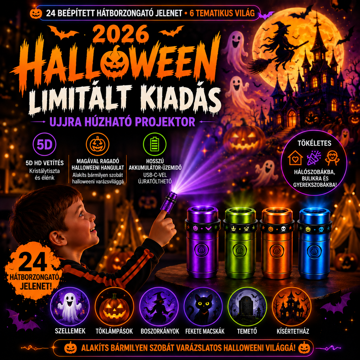 Billhol® 🎃 2026 Varázslatos Ujjra Húzható Vetítőfény – Limitált Halloween Kiadás 👻 24+ magával ragadó jelenet 6 tematikus világban