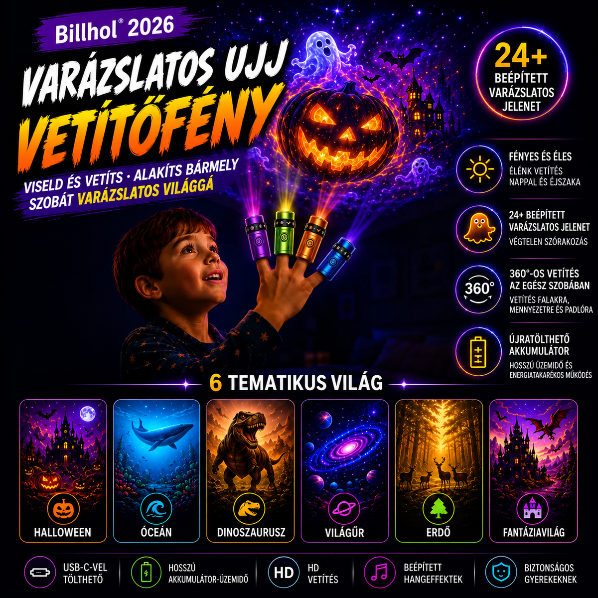 Billhol® 🎃 2026 Varázslatos Ujjra Húzható Vetítőfény – Limitált Halloween Kiadás 👻 24+ magával ragadó jelenet 6 tematikus világban