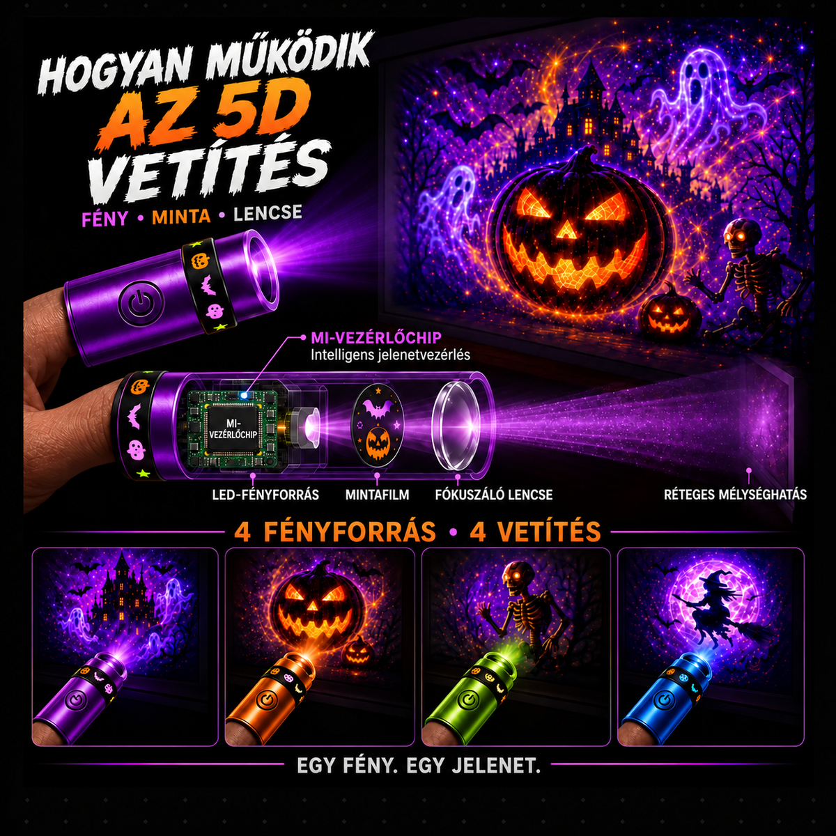 Billhol® 🎃 2026 Varázslatos Ujjra Húzható Vetítőfény – Limitált Halloween Kiadás 👻 24+ magával ragadó jelenet 6 tematikus világban