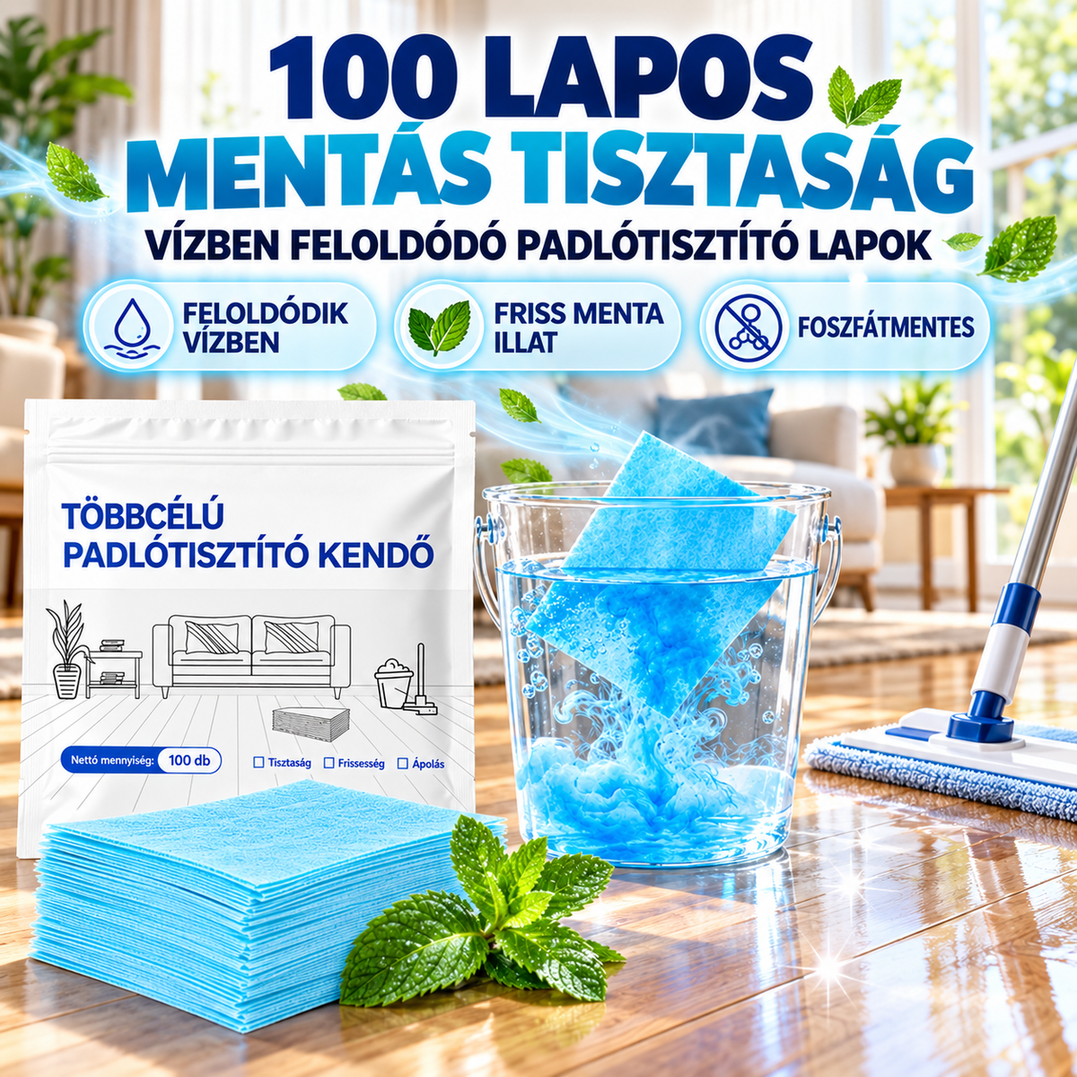 🧻 Mentaillatú💧vízben oldódó padlótisztító lapok