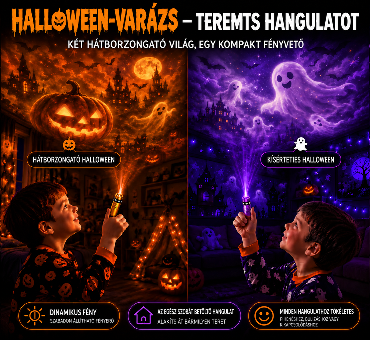 Billhol® 🎃 2026 Varázslatos Ujjra Húzható Vetítőfény – Limitált Halloween Kiadás 👻 24+ magával ragadó jelenet 6 tematikus világban