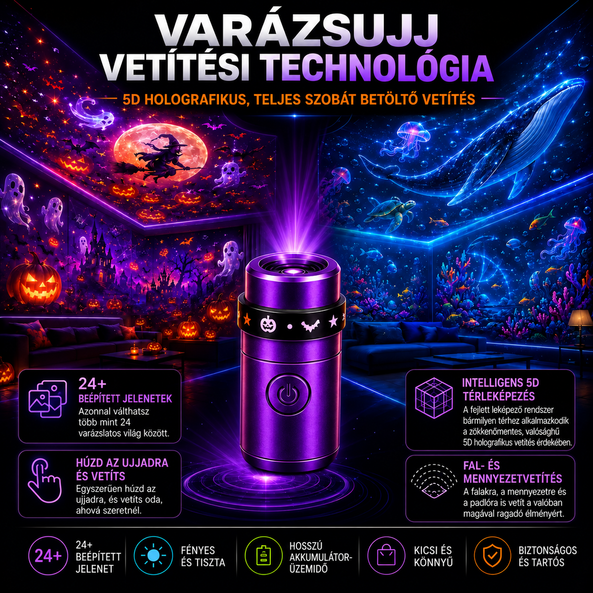 Billhol® 🎃 2026 Varázslatos Ujjra Húzható Vetítőfény – Limitált Halloween Kiadás 👻 24+ magával ragadó jelenet 6 tematikus világban