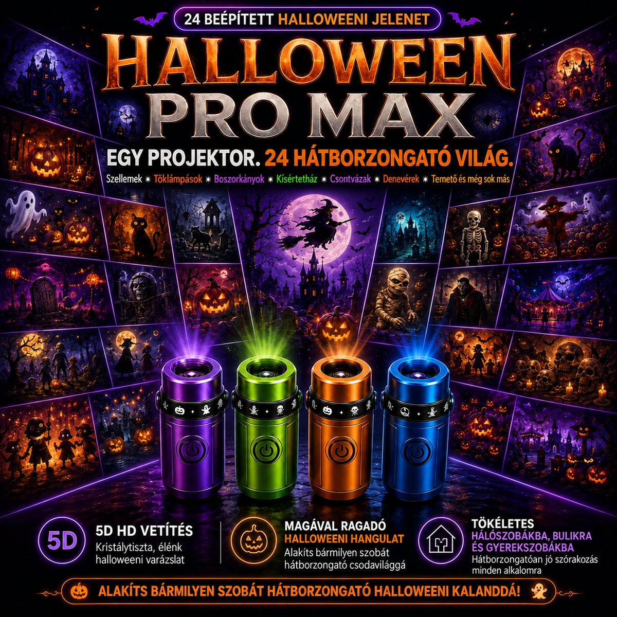 Billhol® 🎃 2026 Varázslatos Ujjra Húzható Vetítőfény – Limitált Halloween Kiadás 👻 24+ magával ragadó jelenet 6 tematikus világban