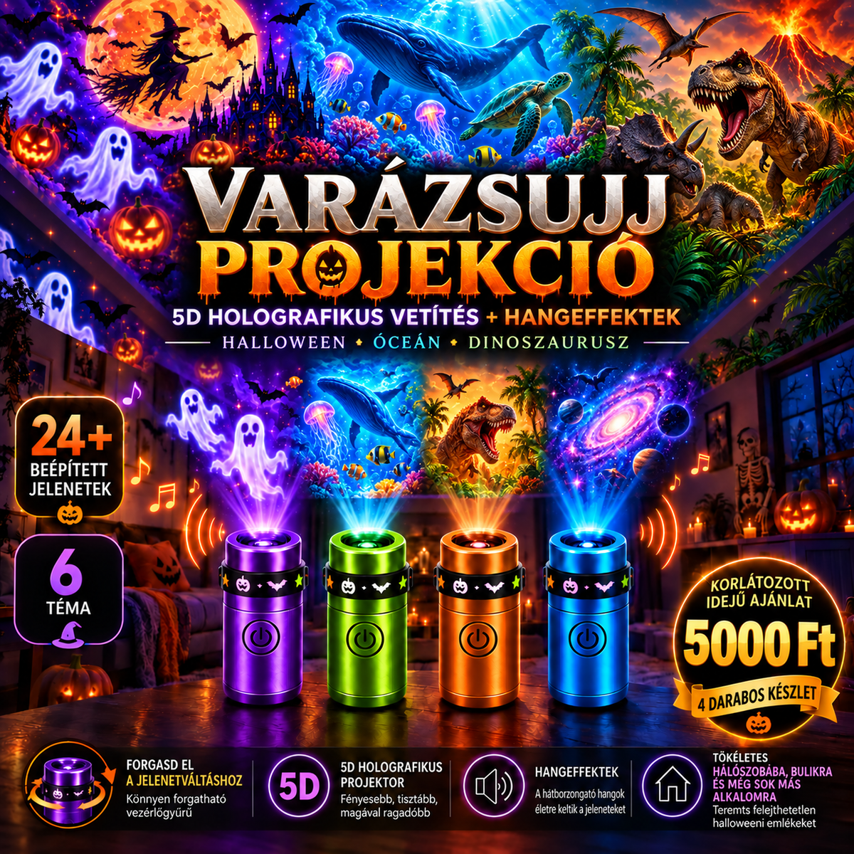 Billhol® 🎃 2026 Varázslatos Ujjra Húzható Vetítőfény – Limitált Halloween Kiadás 👻 24+ magával ragadó jelenet 6 tematikus világban